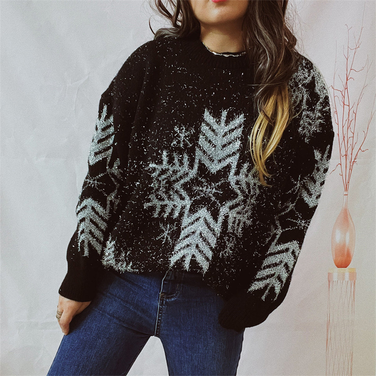 Snowflake Pattern Long Sleeve Sweater (11)