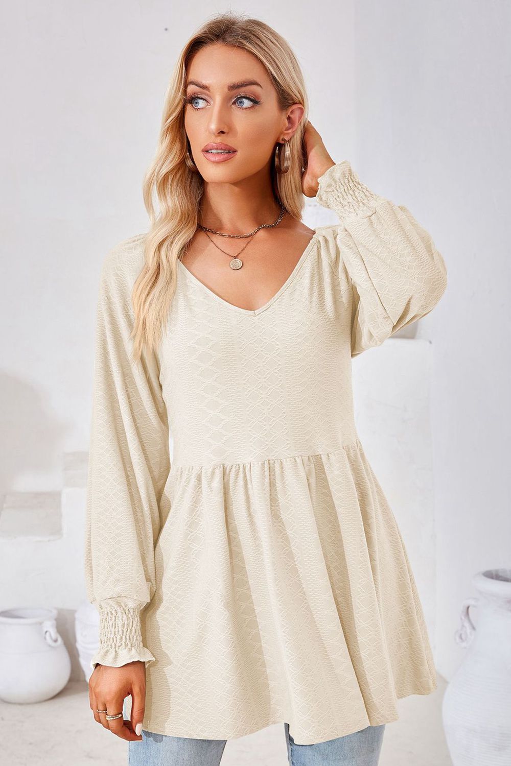 V-neck Lantern Sleeve Blouse (5)