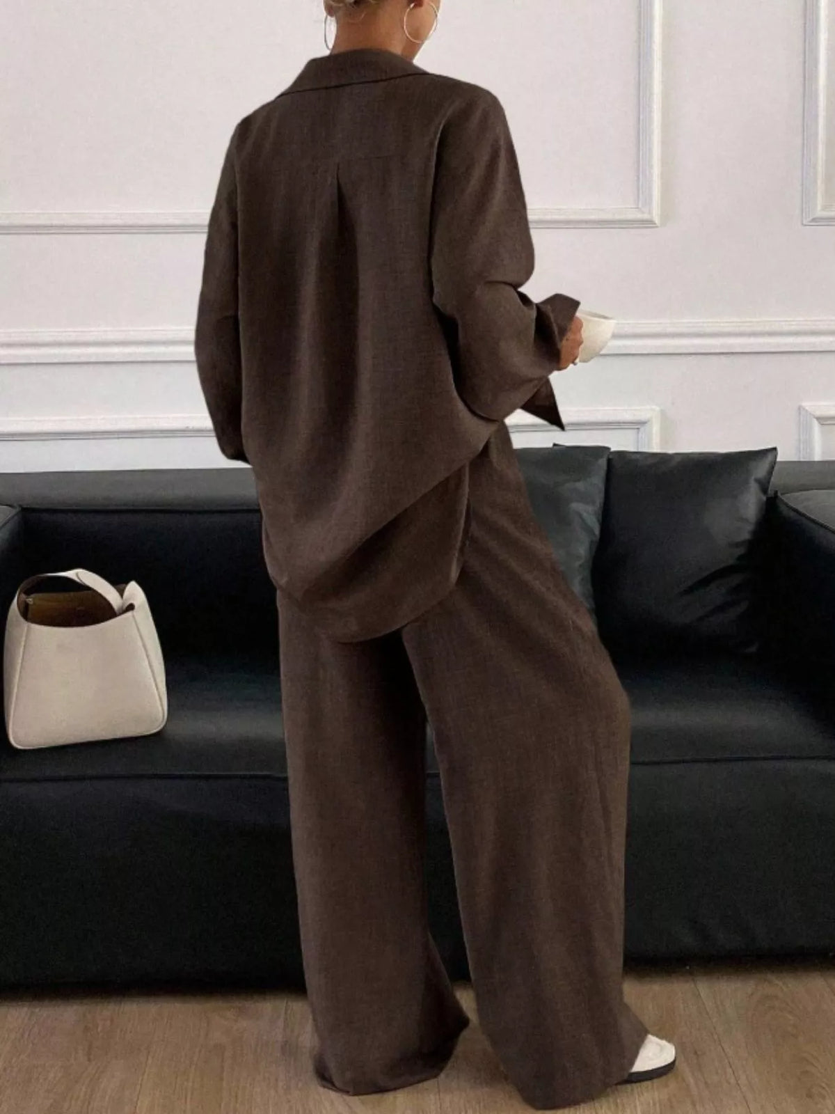 Button Up Long Sleeve Shirt Wide Leg Pants Set (26)