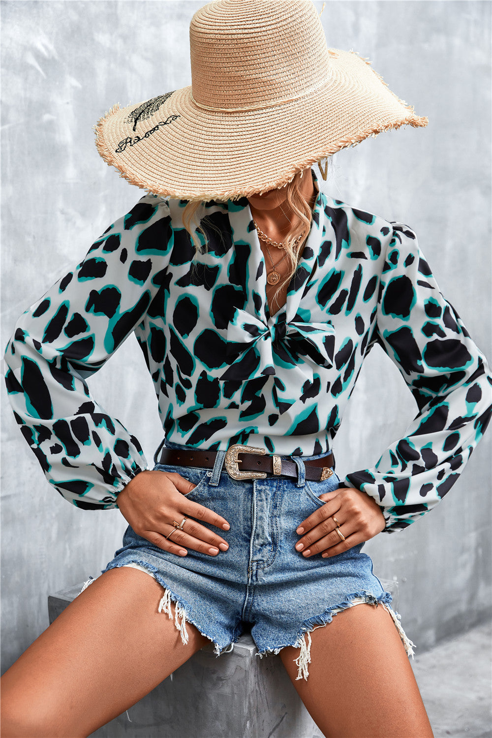Printed Tie Neck Puff Sleeve Blouse (19)