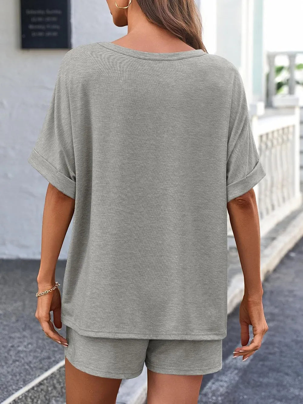 Round Neck T-shirt Drawstring Shorts Set (18)