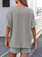 Round Neck T-shirt Drawstring Shorts Set (18)