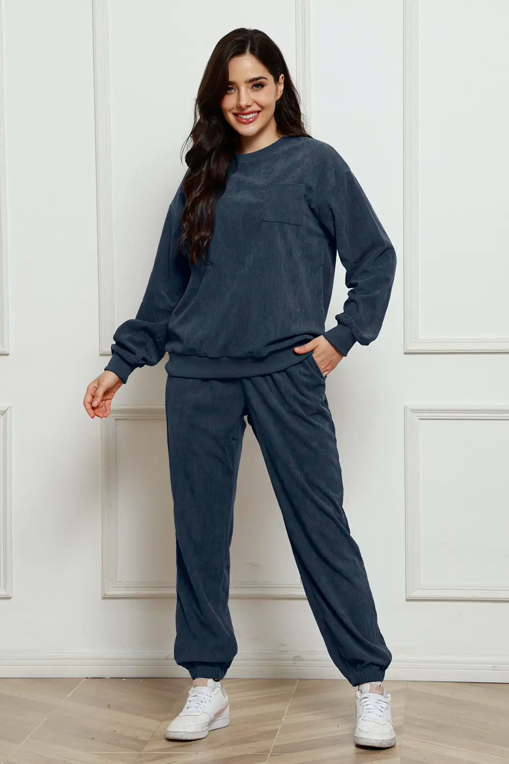 Corduroy Round Neck Sweatshirt Sweatpants Set
