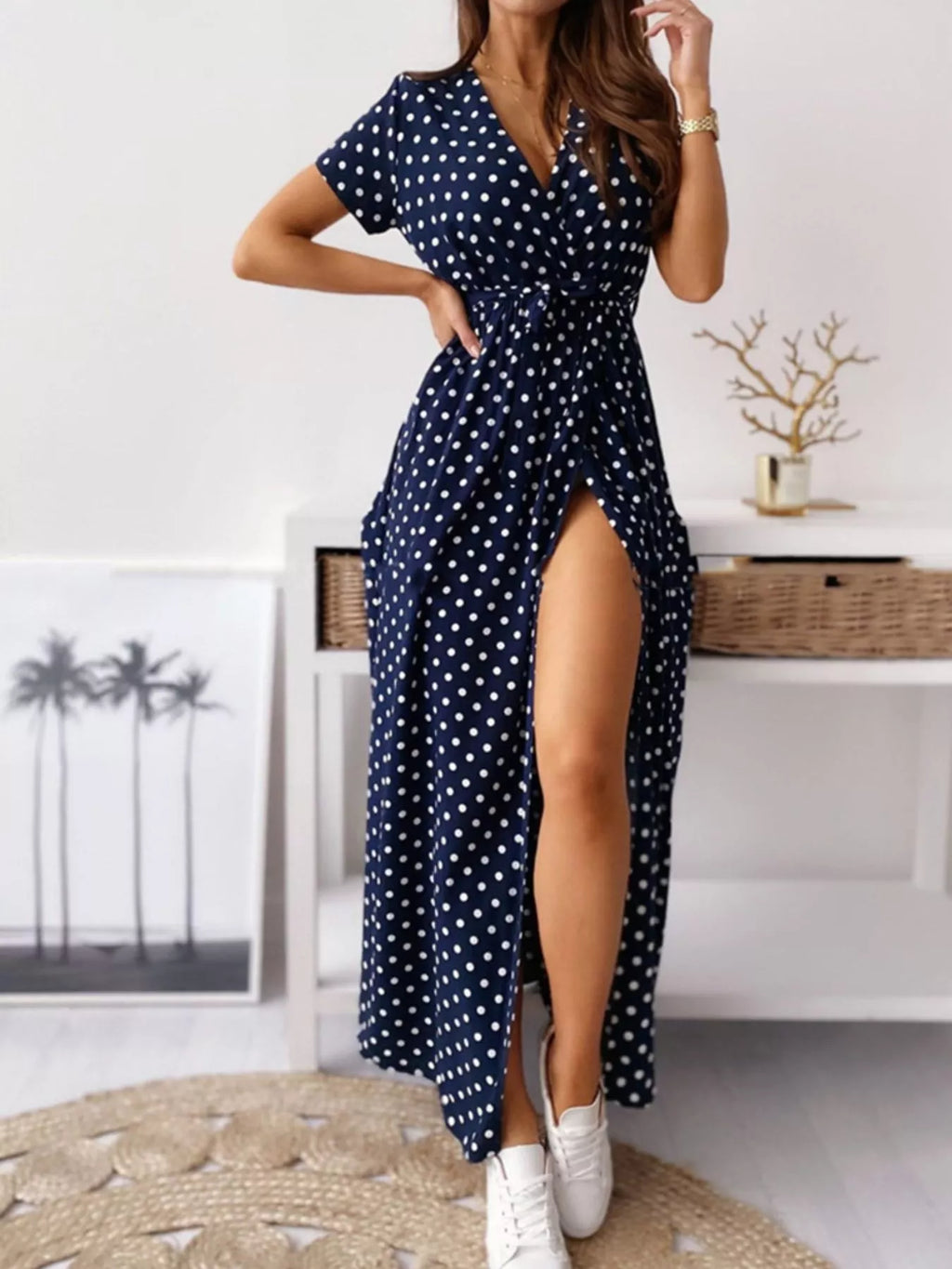 Polka Dot Surplice Maxi Dress Slit (12)