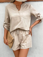 Notched Long Sleeve Top Shorts Set (3)