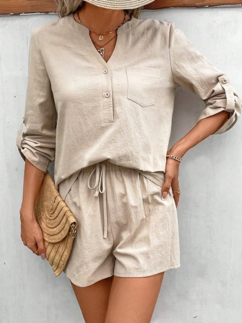 Notched Long Sleeve Top Shorts Set (3)