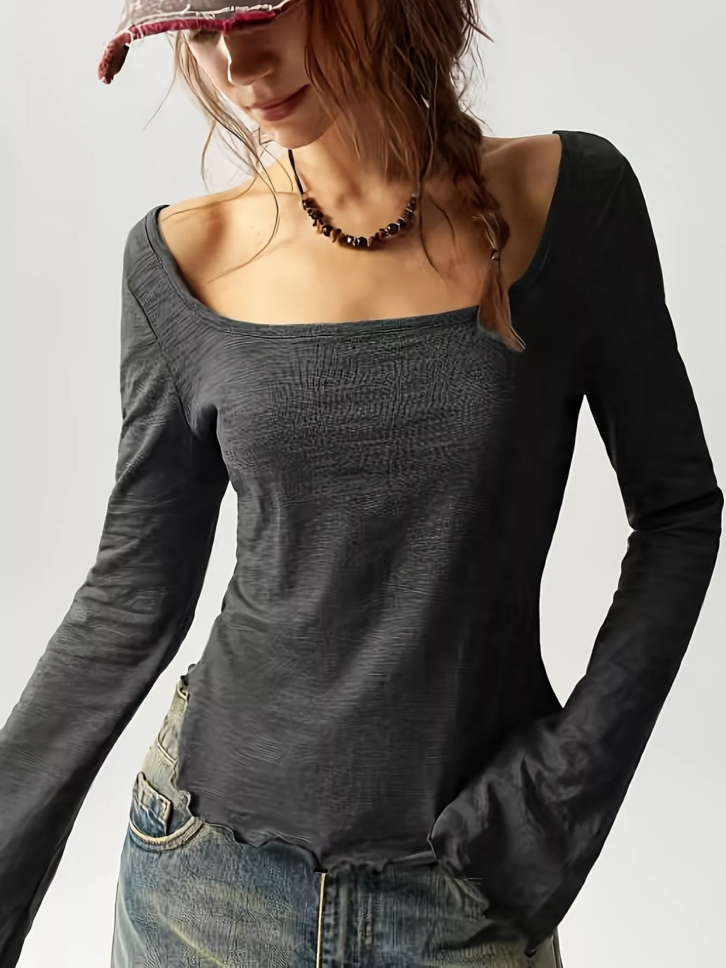 Long Sleeve Square Neck Slim-fit T-shirt (2)