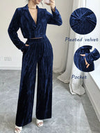 Pleated Velvet Blazer Wide Leg Pants Set (3)
