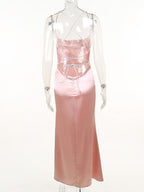 Slinky Satin Cowl Neck High Slit Dress Back Lace Up (13)
