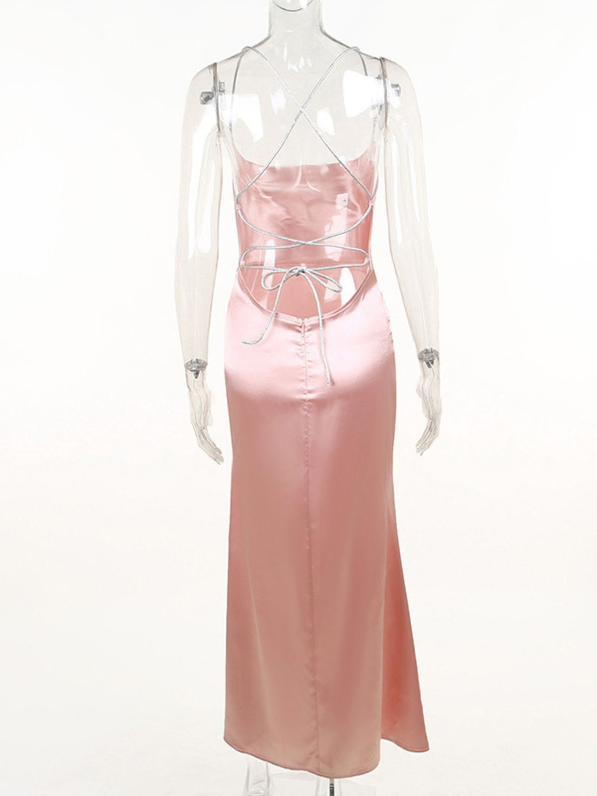 Slinky Satin Cowl Neck High Slit Dress Back Lace Up (13)