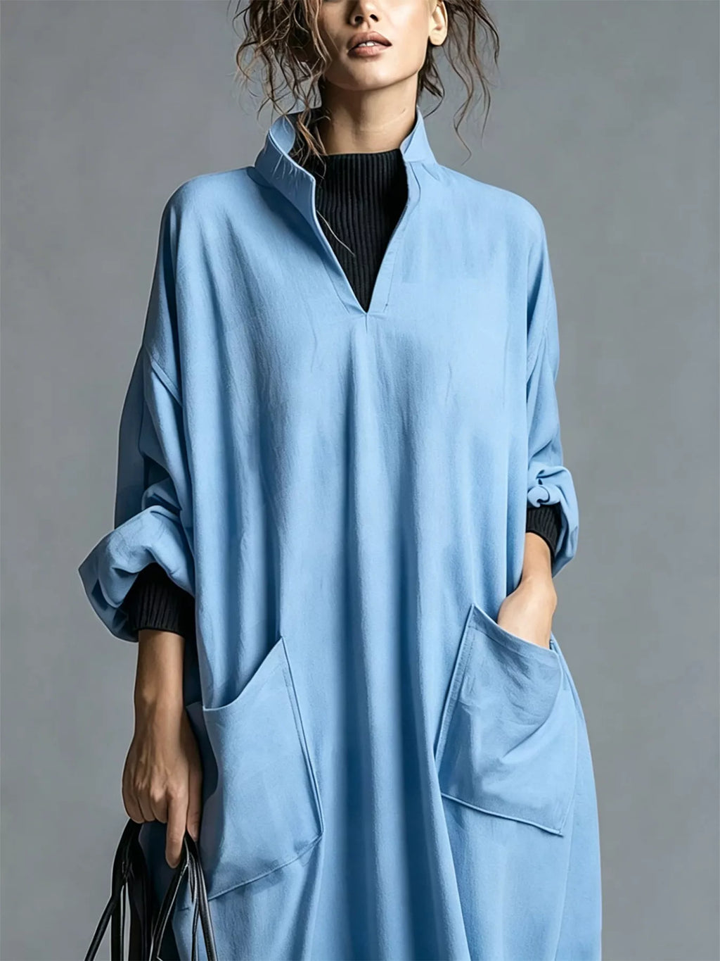 Full Size Loose-fit Mock Neck Midi Dress Pockets Plus (17)