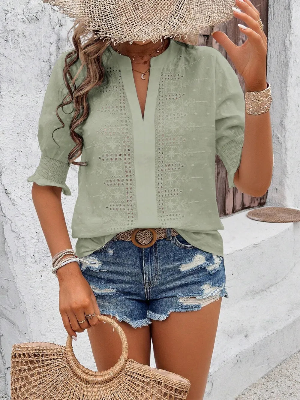 Eyelet Notched Flounce Sleeve Blouse (10)
