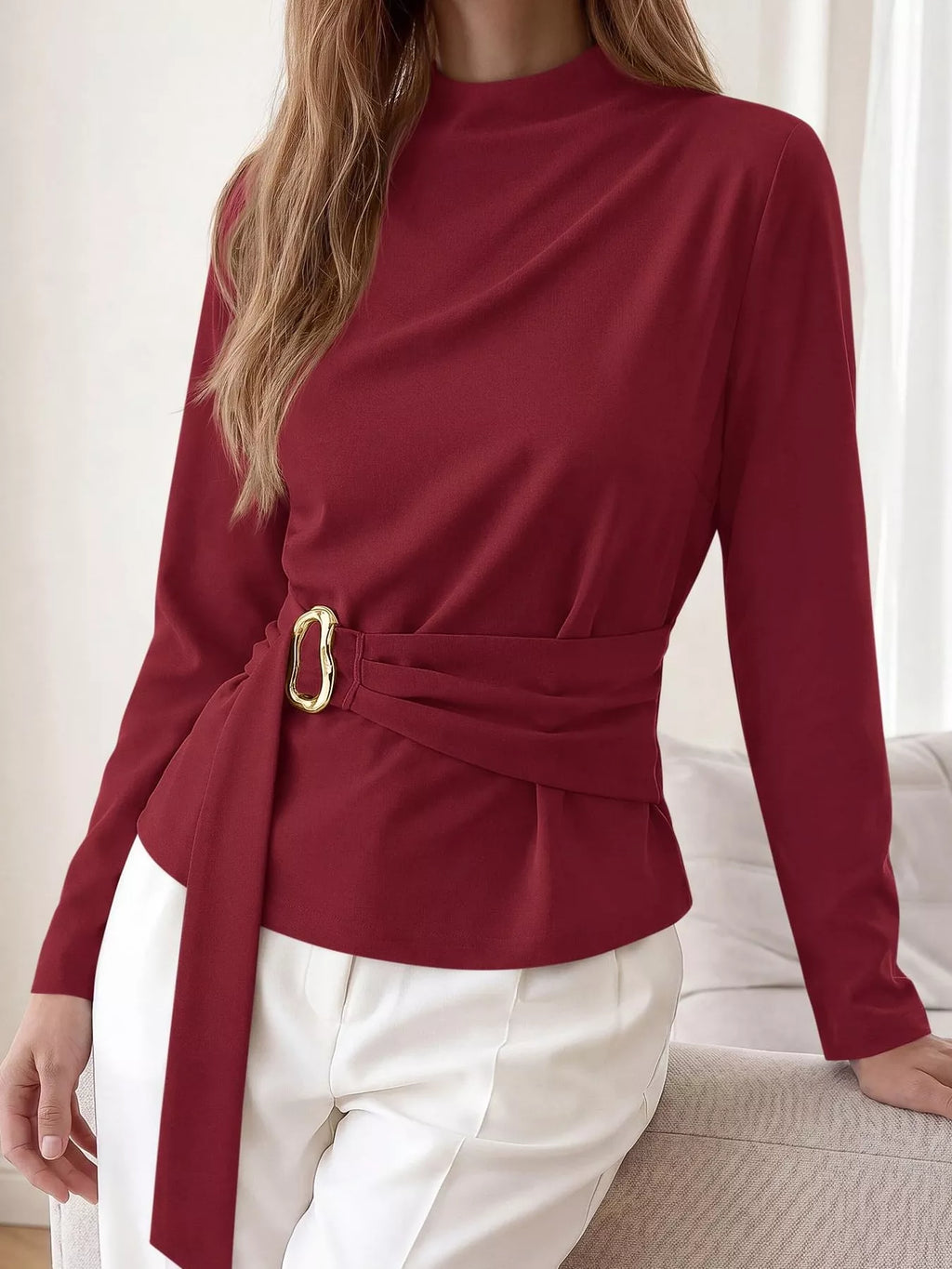 Mock Neck Blouse Waist-defining Metal Buckle Detail (8)