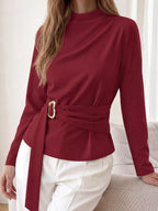 Mock Neck Blouse Waist-defining Metal Buckle Detail (8)