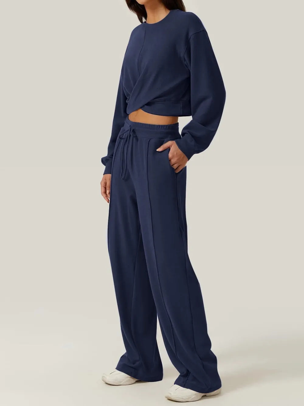 Crisscross Round Neck Top Drawstring Pants Set (4)