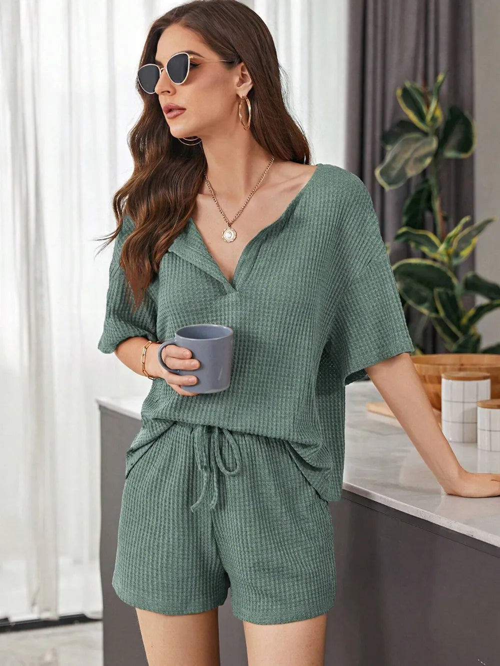 Full Size Waffle-knit Dropped Shoulder Top Shorts Set (13)