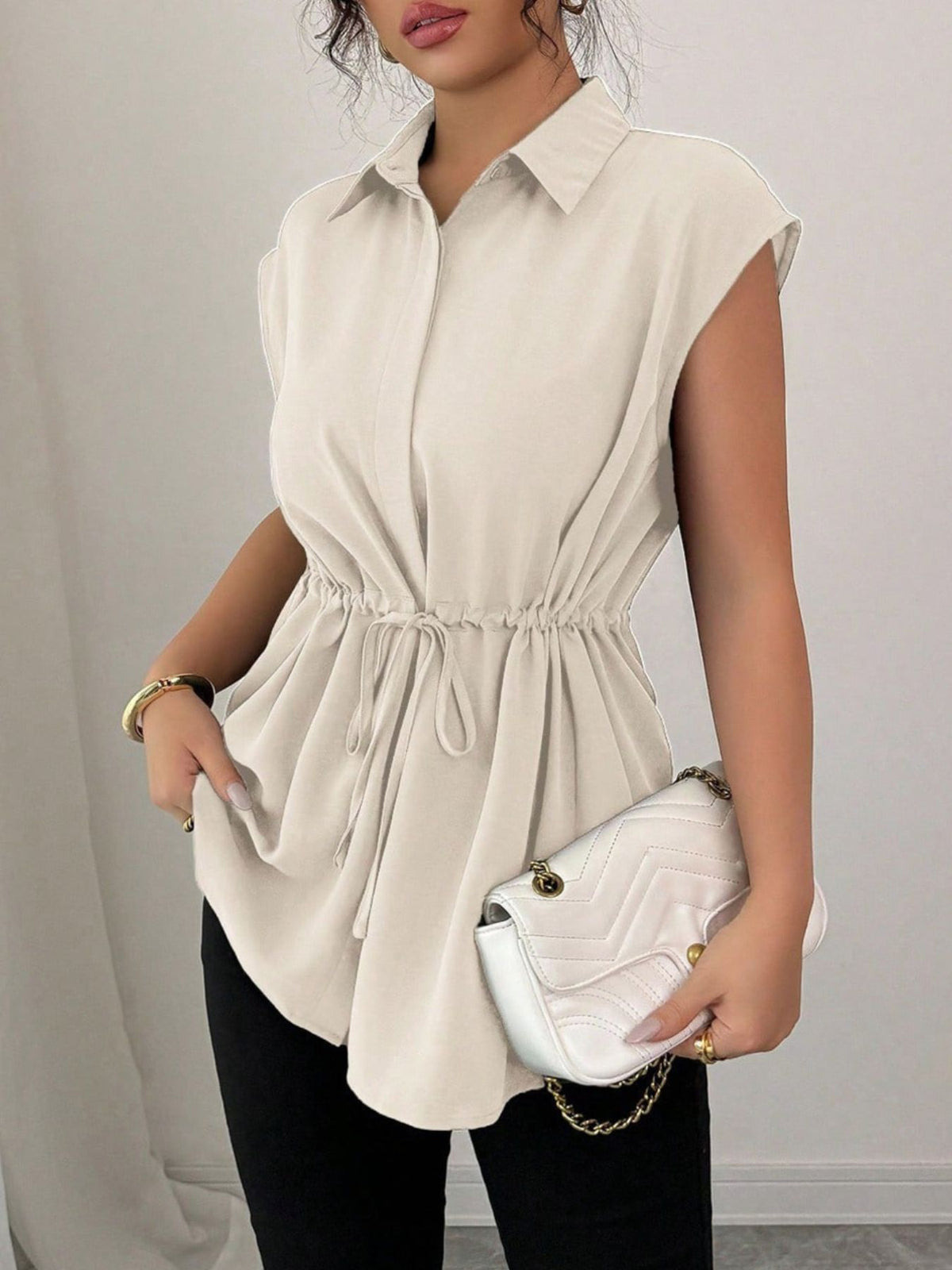 Drawstring Waist Cap Sleeve Shirt (4)