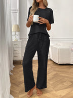 Ribbed Knit Short Sleeve Top Pants Lounge Set (7)