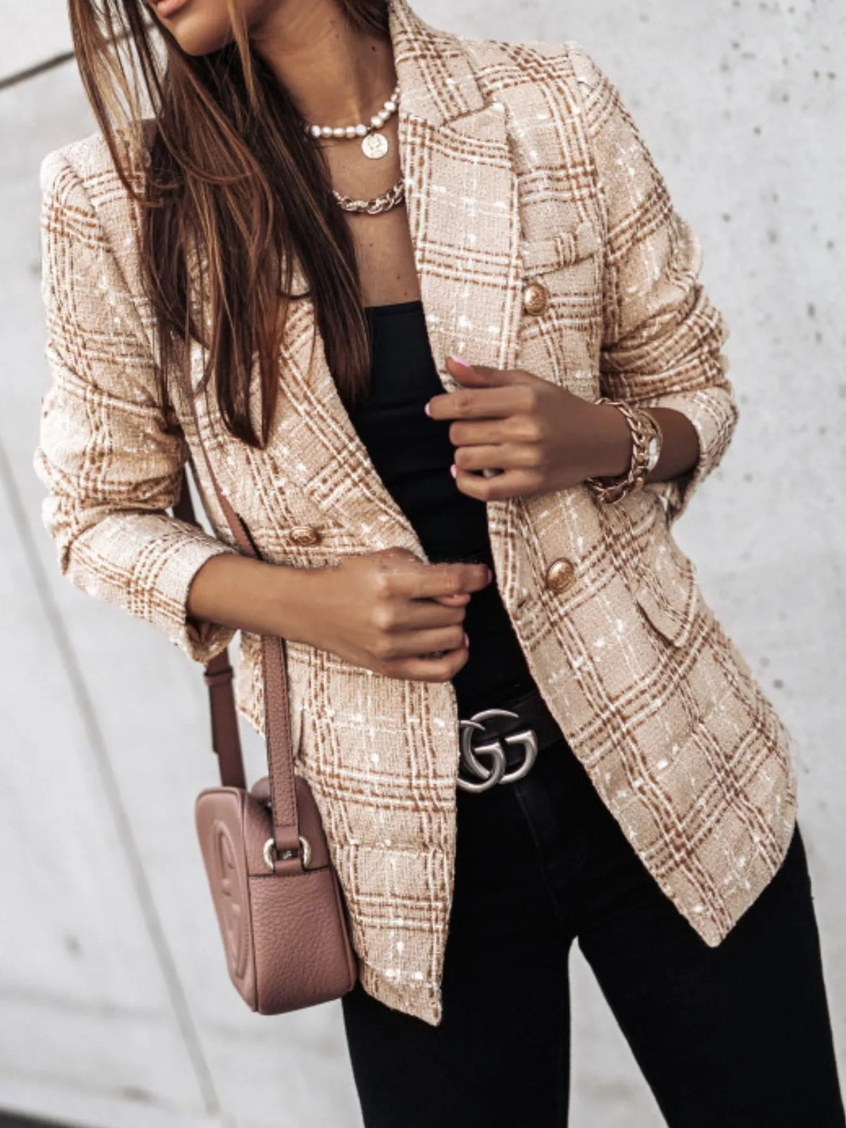 Full Size Plaid Tweed Double-breasted Blazer Plus (4)