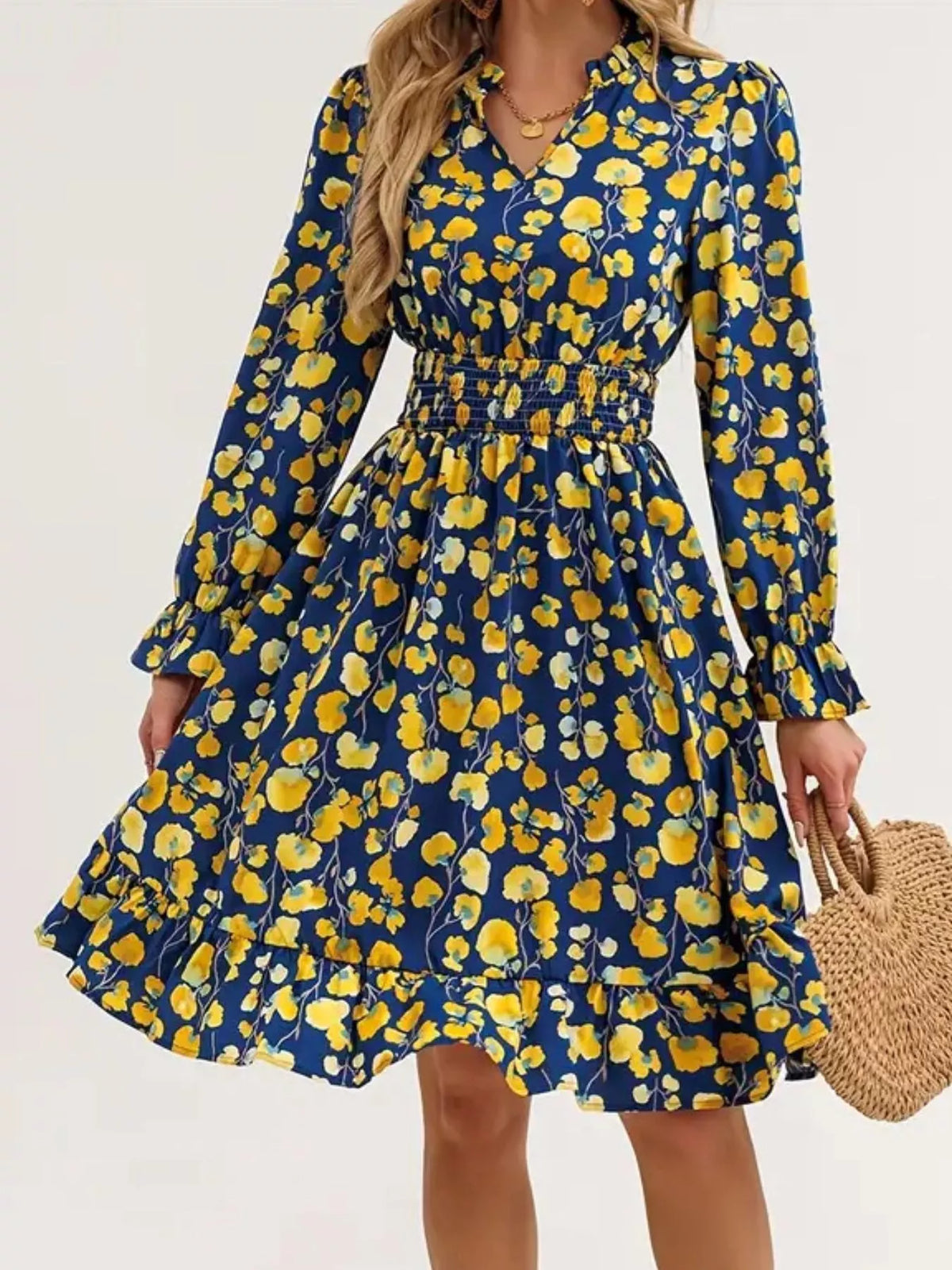 Floral Notched Flounce Sleeve Dress (19)