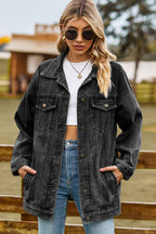 Buttoned Collared Neck Denim Jacket Pockets (6)