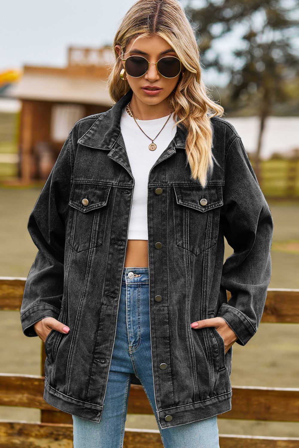 Buttoned Collared Neck Denim Jacket Pockets (6)