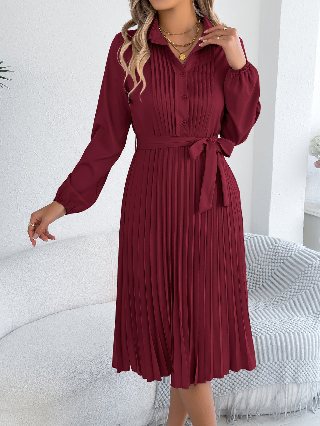 Pleated Tie Waist Balloon Sleeve Dress (11)