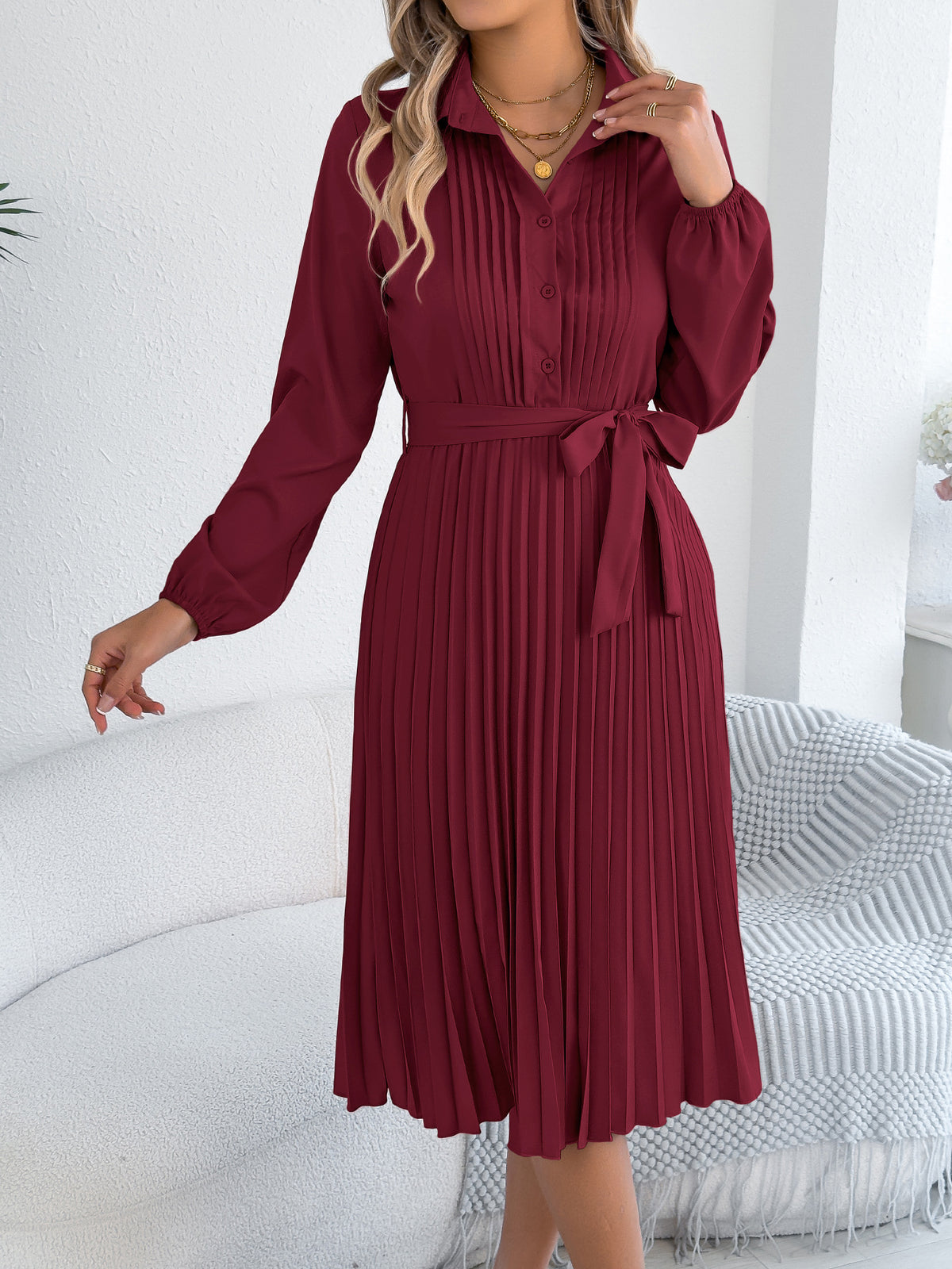 Pleated Tie Waist Balloon Sleeve Dress (11)