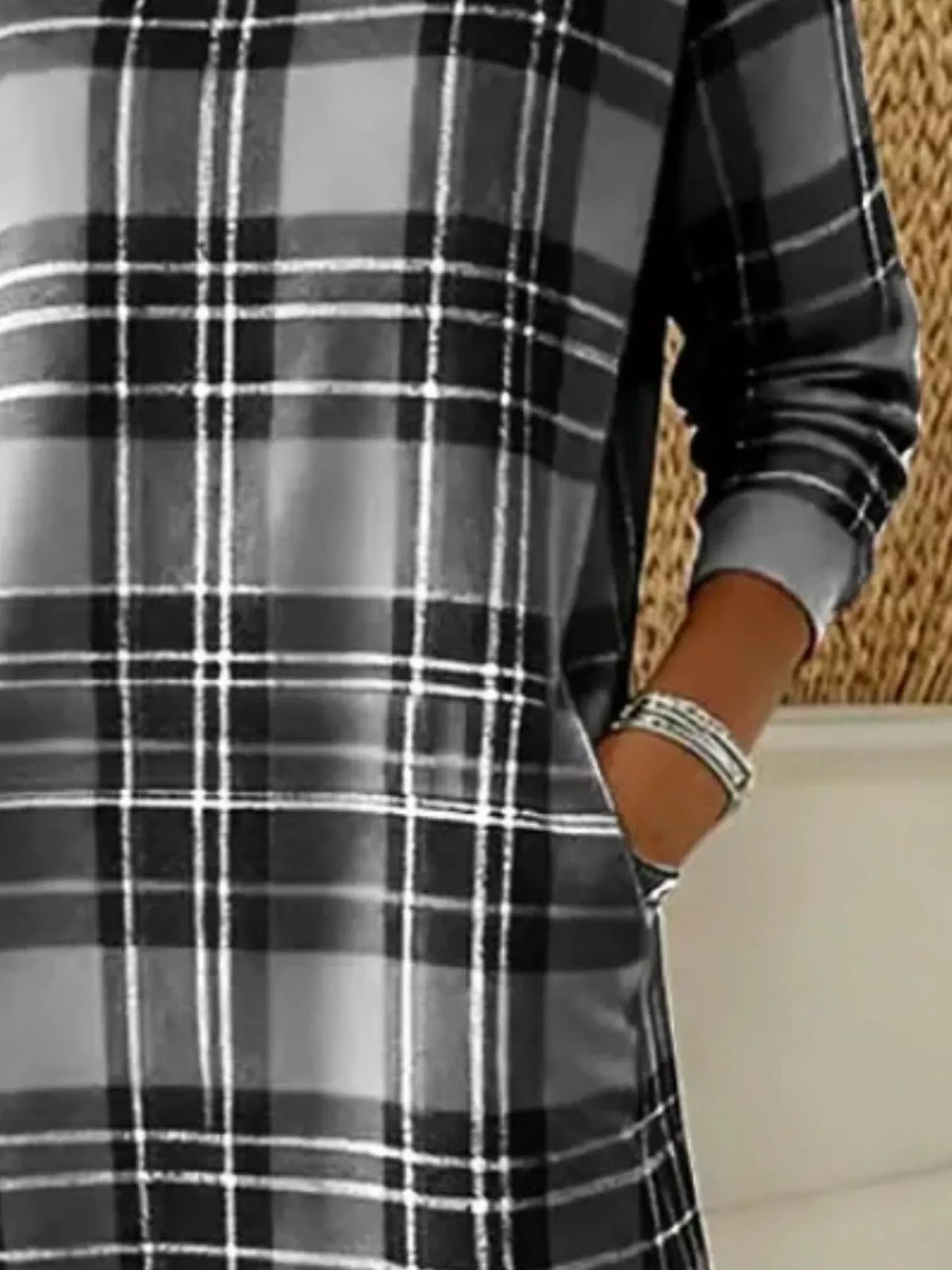 Full Size Plaid Long Sleeve Crew Neck Dress Pockets Plus (2)
