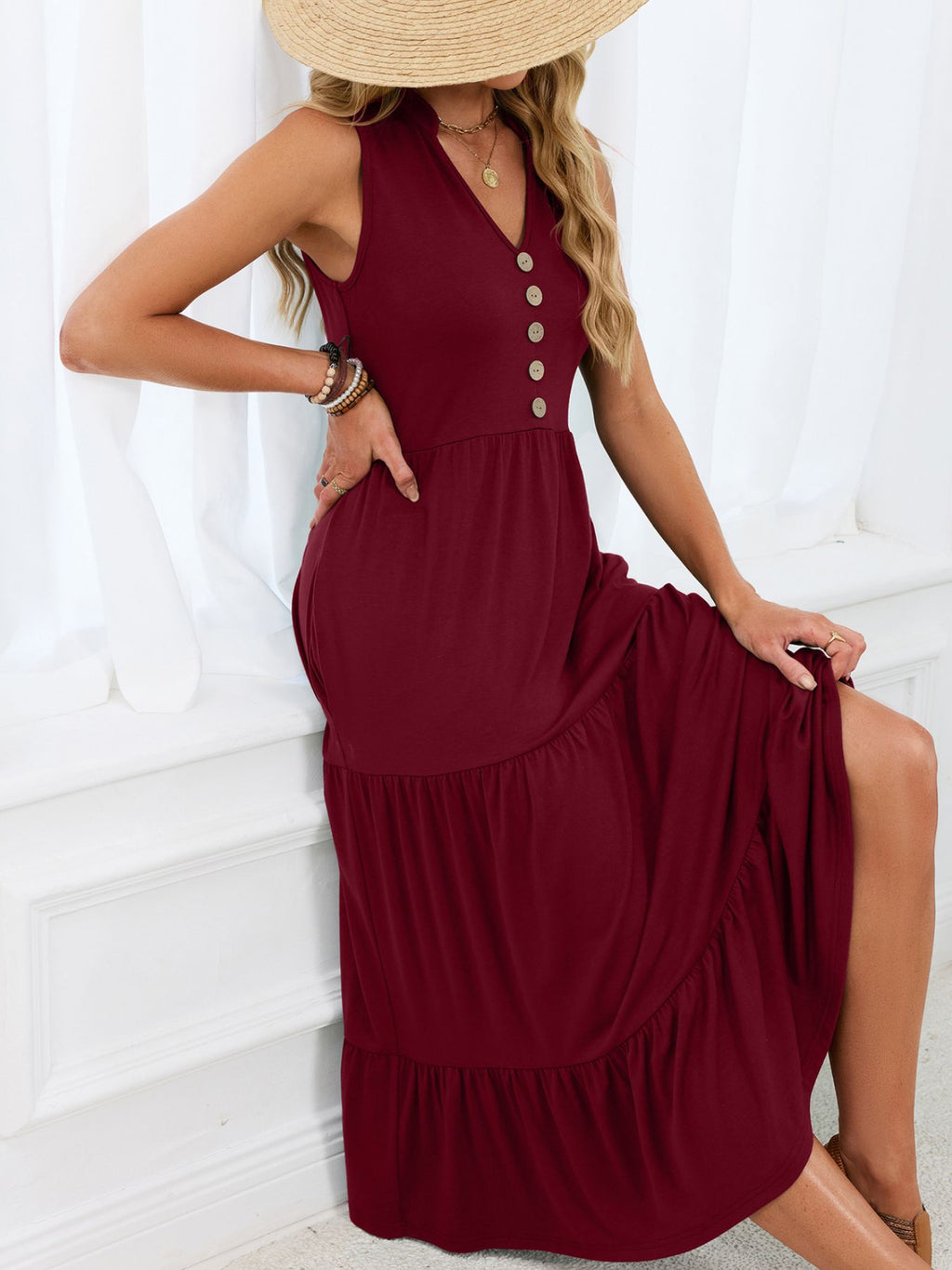 Sleeveless Notched Tiered Midi Dress (13)