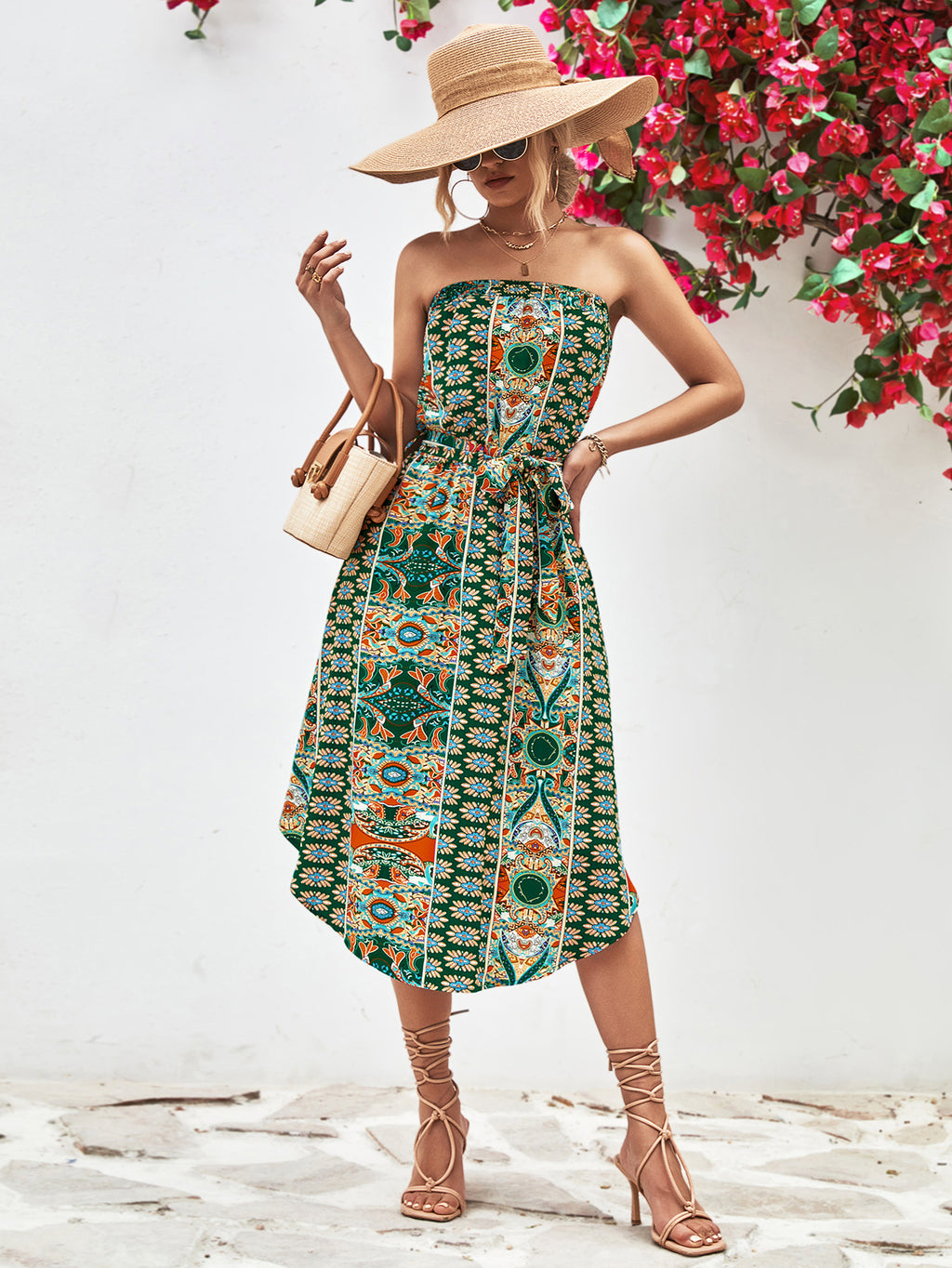 Printed Strapless Tie Belt Dress (8)