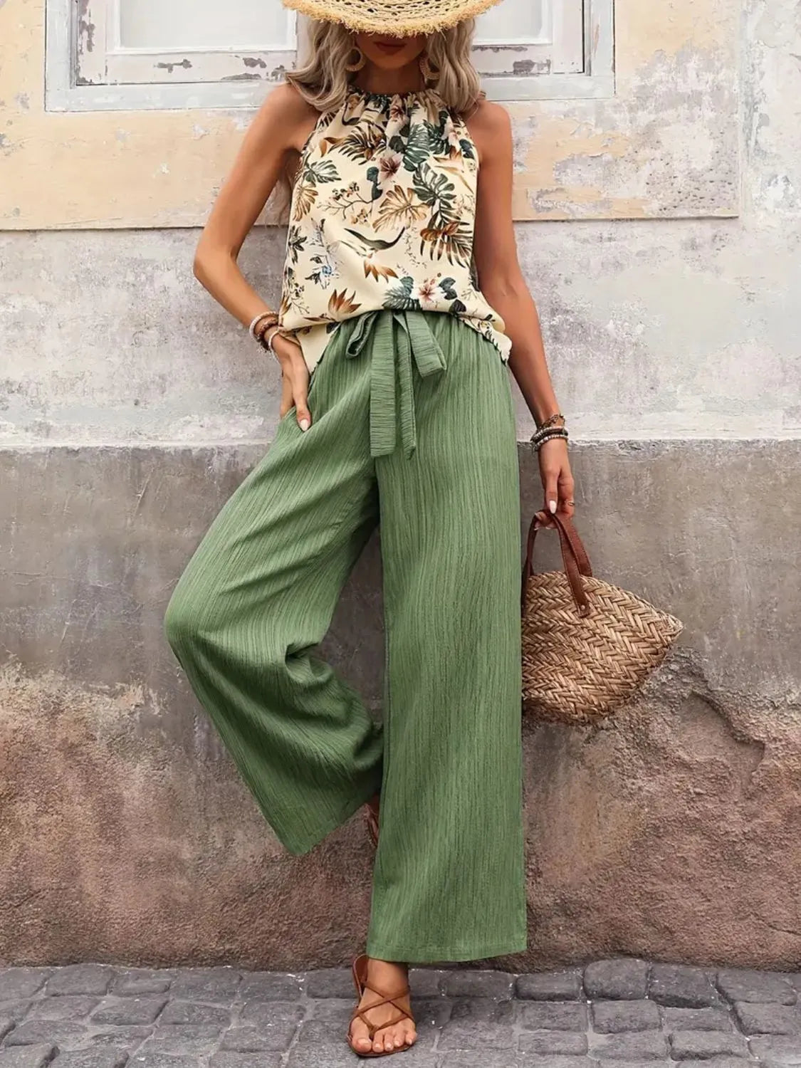 Printed Tank Top Wide Leg Pants Set (34)