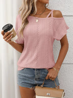 Eyelet Asymmetrical Shoulder Short Sleeve T-shirt (16)
