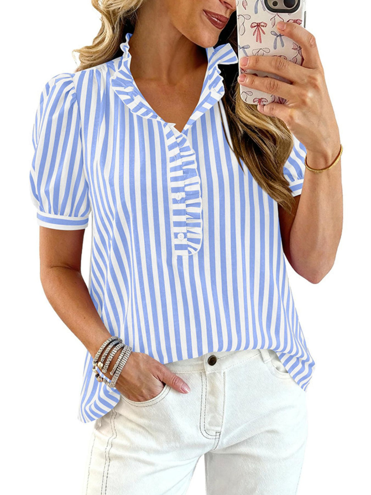 Frill Striped Puff Sleeve Blouse (14)