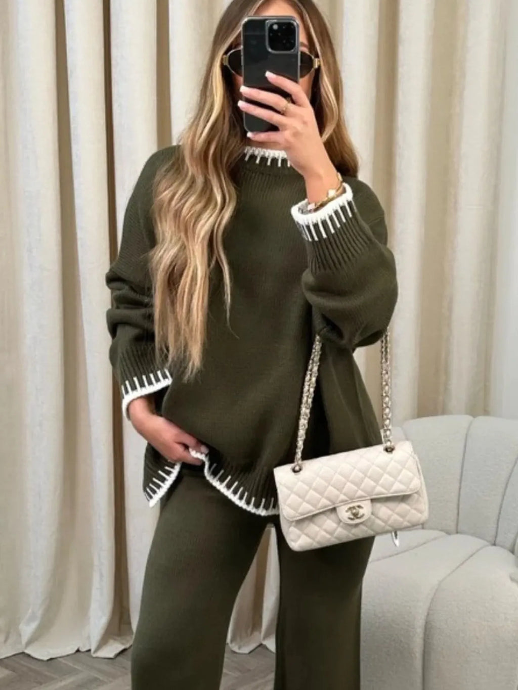 Contrast Trim Round Neck Top Pants Sweater Set (10)