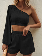 One Shoulder Long Sleeve Top Shorts Set (8)