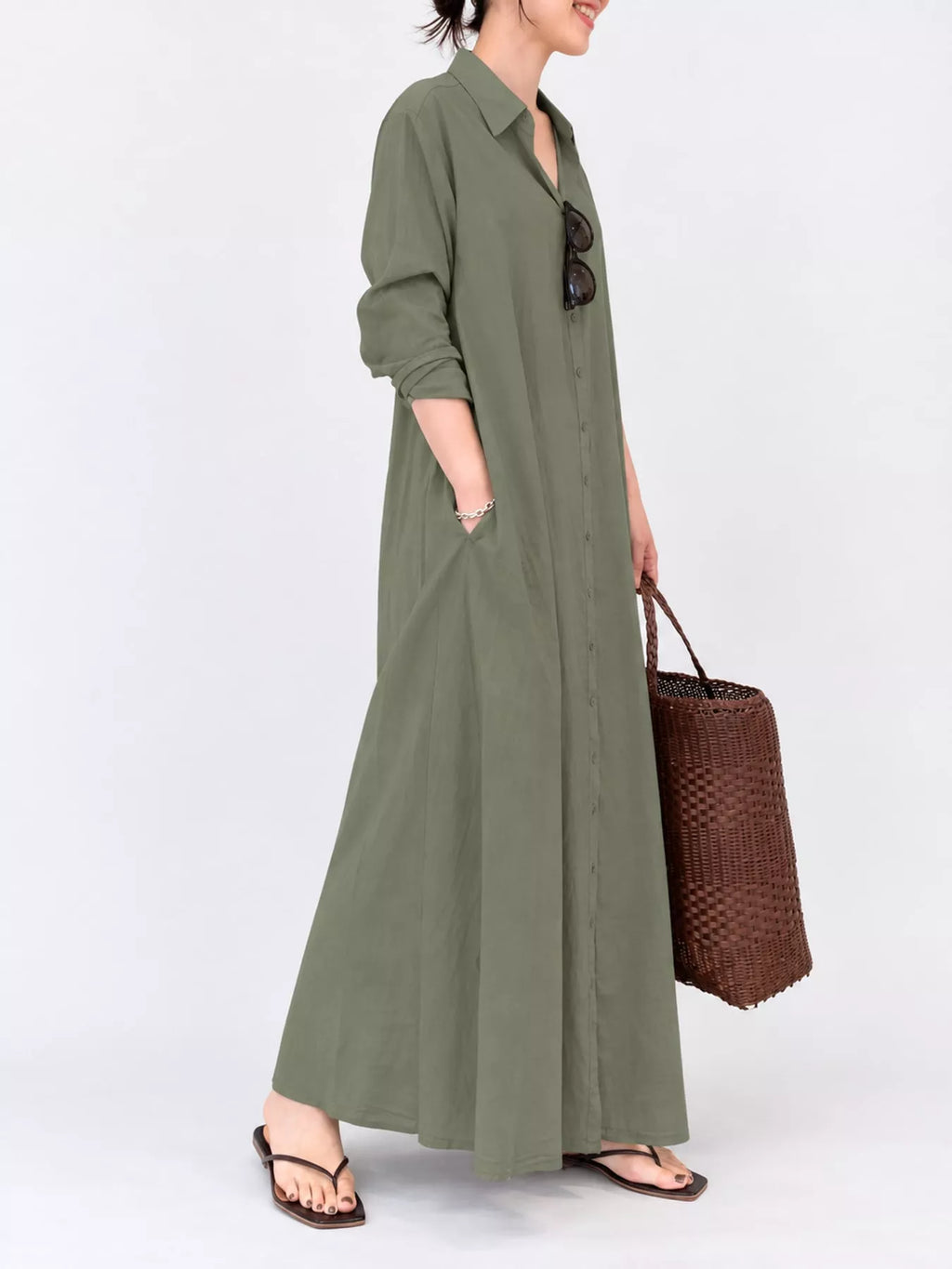 Full Size Button Front Long Sleeve Maxi Shirt Dress Plus (11)