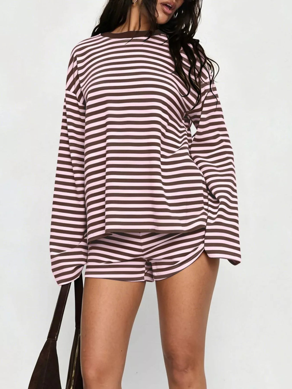 Striped Long-sleeve Top Shorts Set (9)