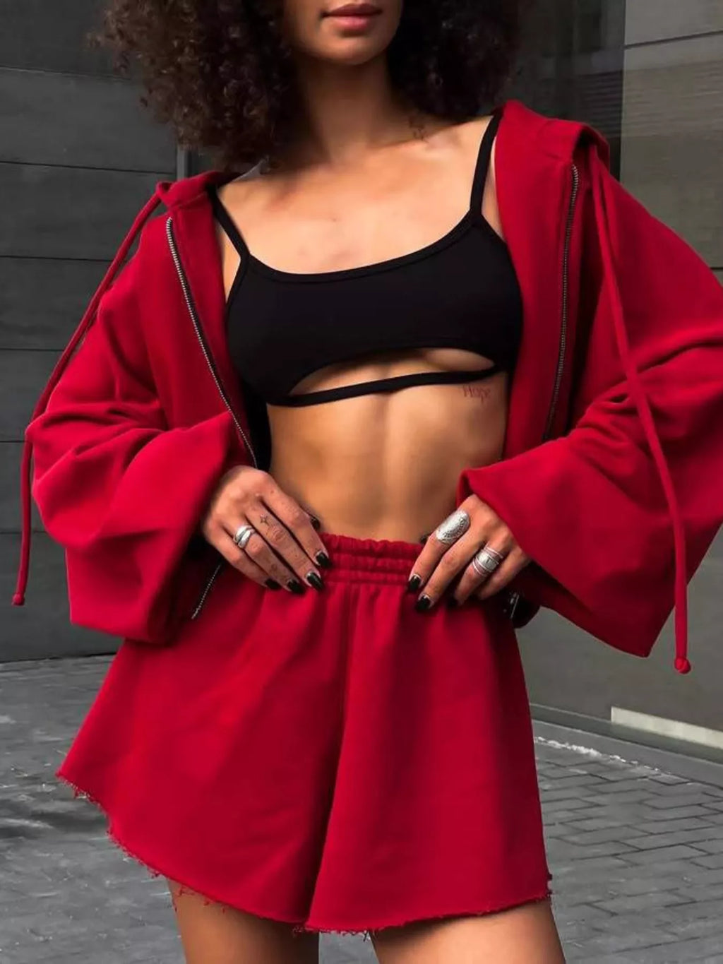 Oversized Zip-up Hoodie Shorts Set (18)