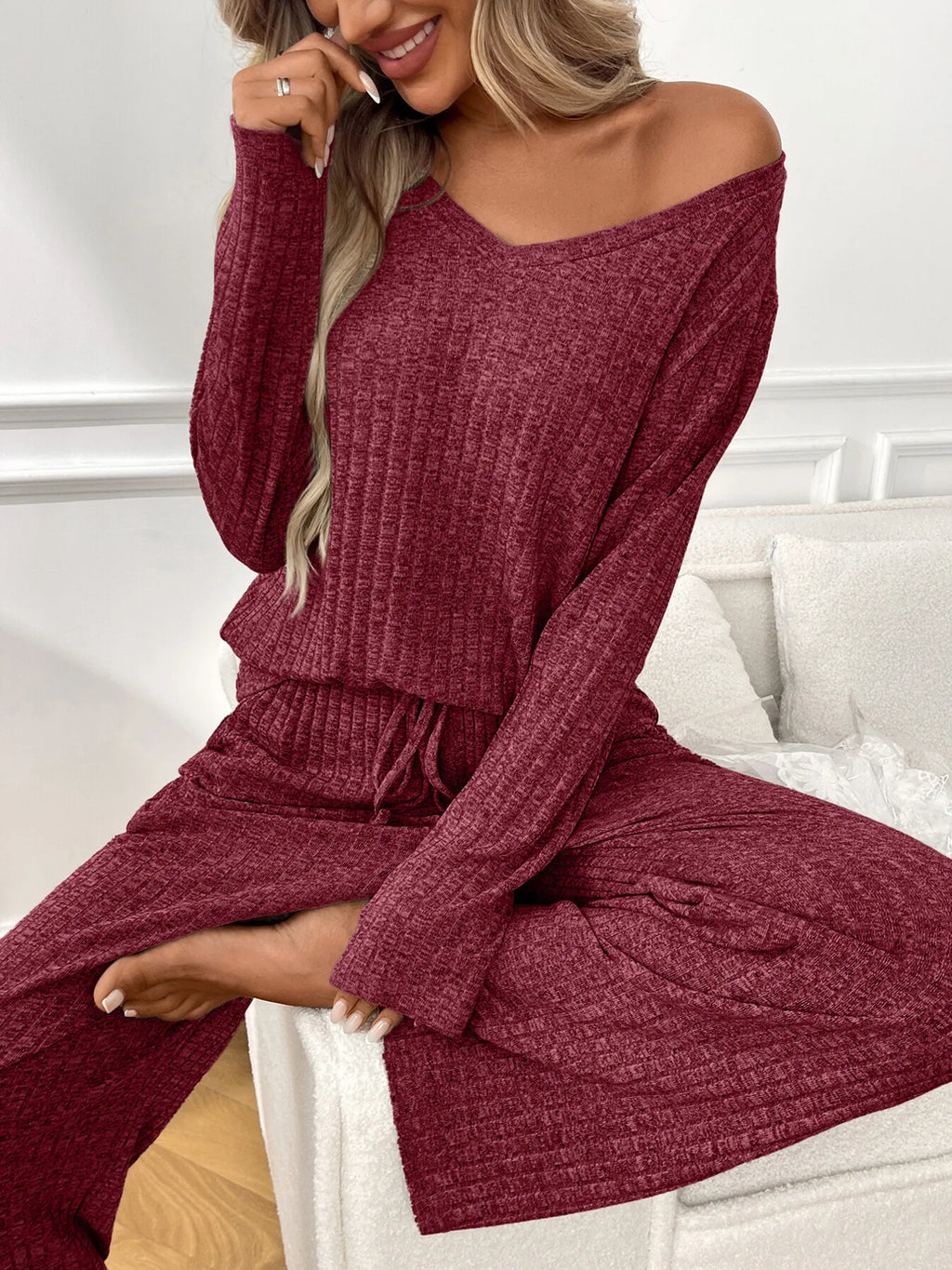 Ribbed Long Sleeve Top Pants Lounge Set (20)
