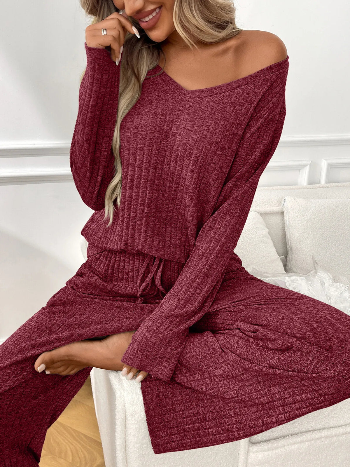 Ribbed Long Sleeve Top Pants Lounge Set (20)