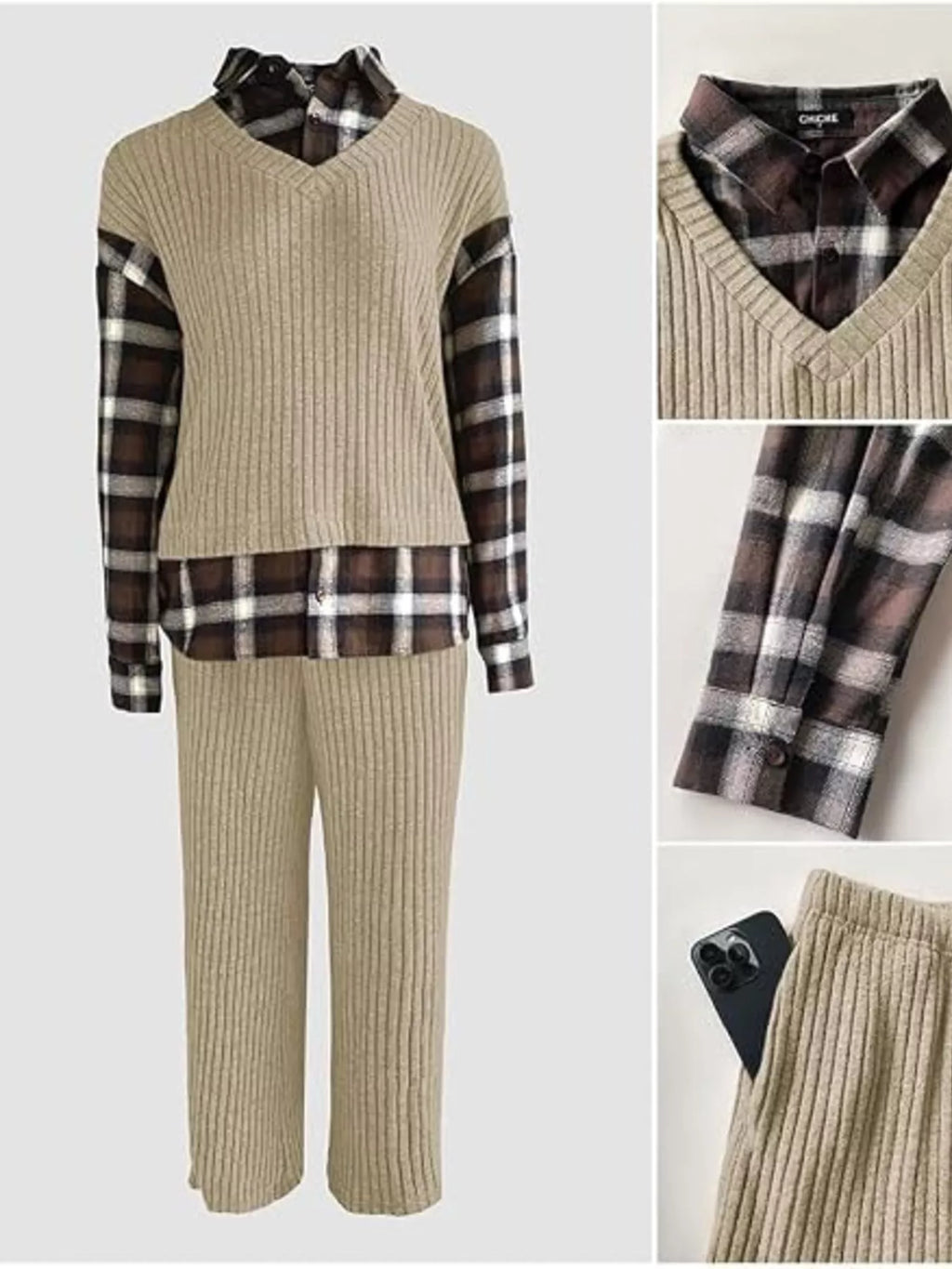 Ribbed Knit Plaid Sleeve Top Pants Set (20)