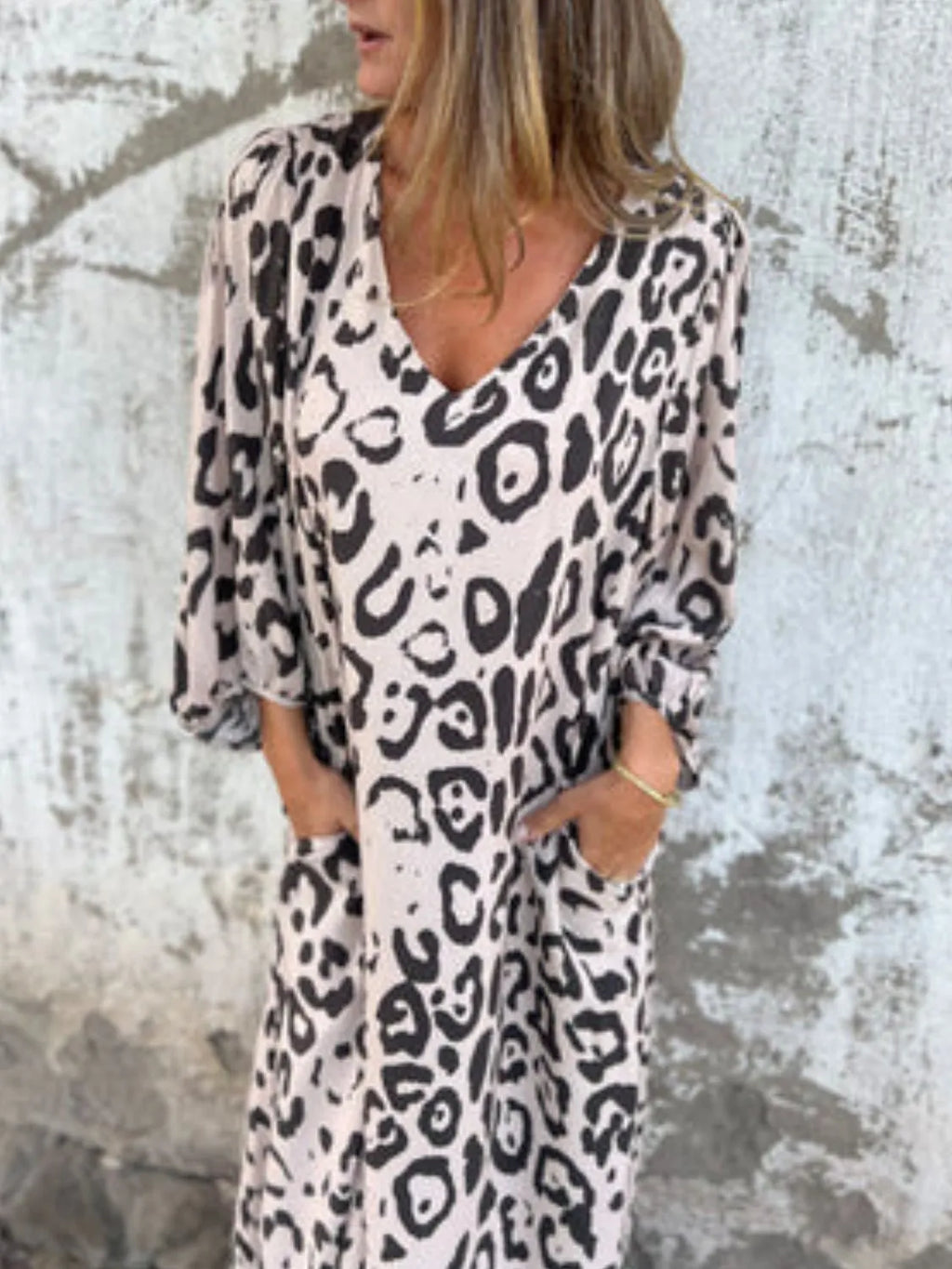 Full Size Printed V-neck Dress Pockets Plus (33)