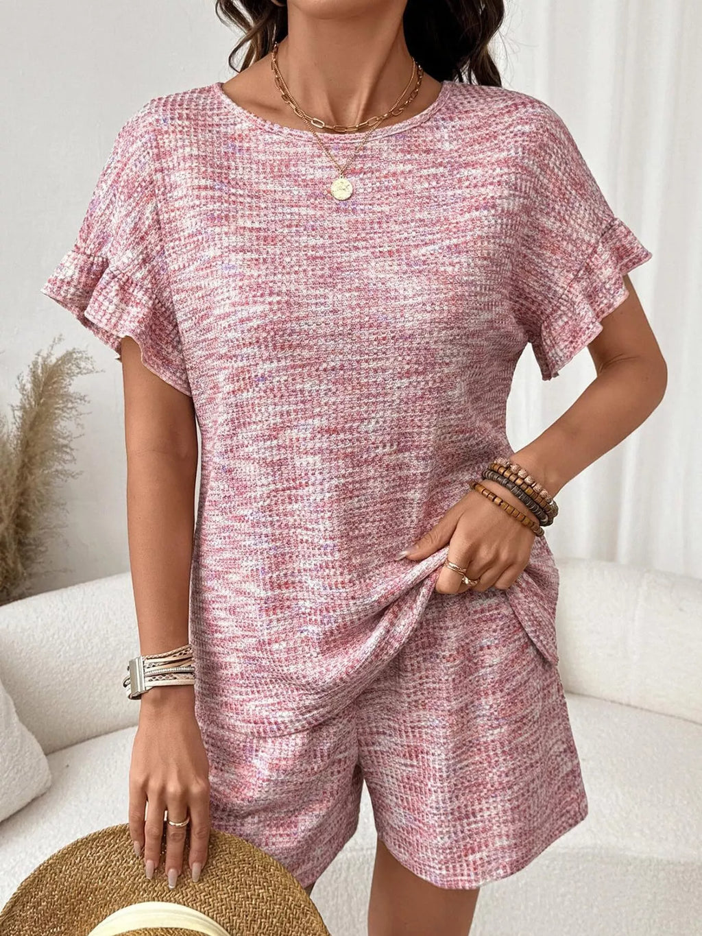 Ruffle Sleeve Textured Top Shorts Set (3)