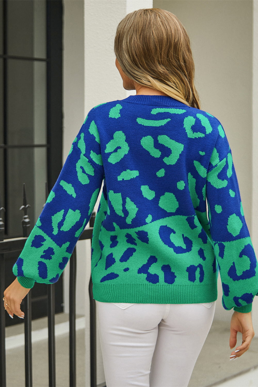 Woven Right Leopard Round Neck Dropped Shoulder Sweater (16)