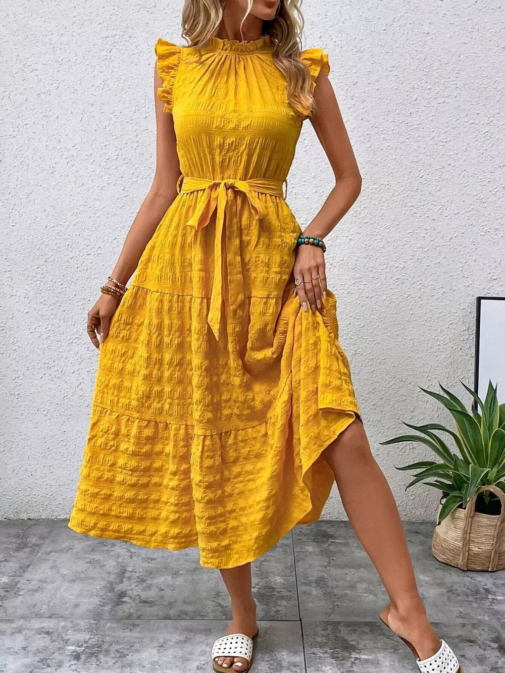 Tied Ruffled Cap Sleeve Midi Dress (3)