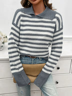 Striped Collared Neck Long Sleeve Sweater (20)