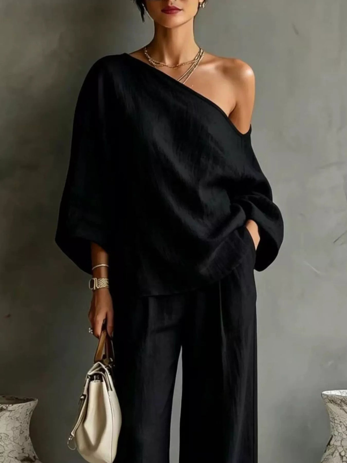 One Shoulder Top Wide Leg Pants Set (5)