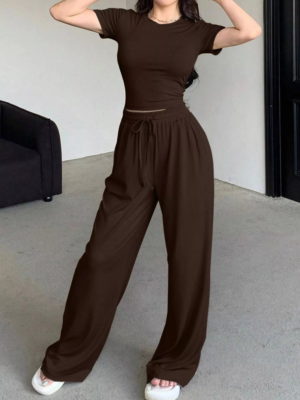Solid Color Short Sleeve Crop Top Wide Leg Pants Set