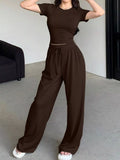 Solid Color Short Sleeve Crop Top Wide Leg Pants Set